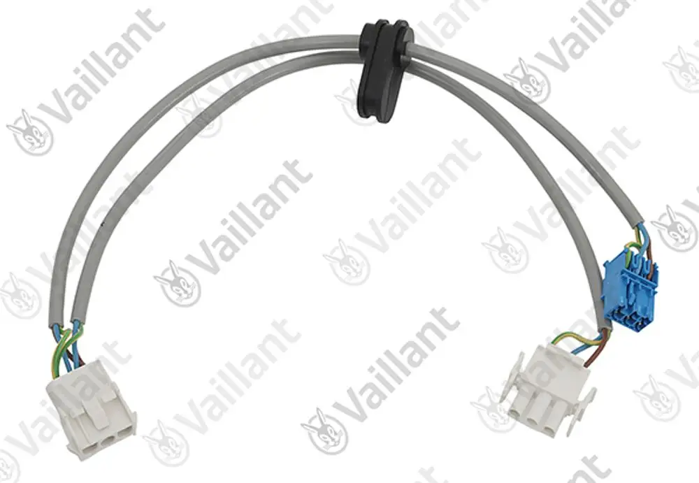 Vaillant Kabel mit zwei Steckverbindern, einer in Weiß und einer in Blau, verbunden durch graue Leitungen.